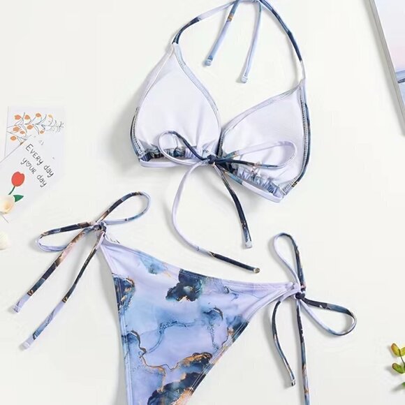 String Bikini with Side Ties, Size Small (Blue White and Gold Marbled) NWT - Picture 6 of 6